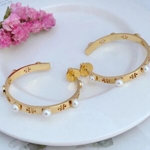 Tory Burch Gold Hoop Earrings with Pearl Accents
